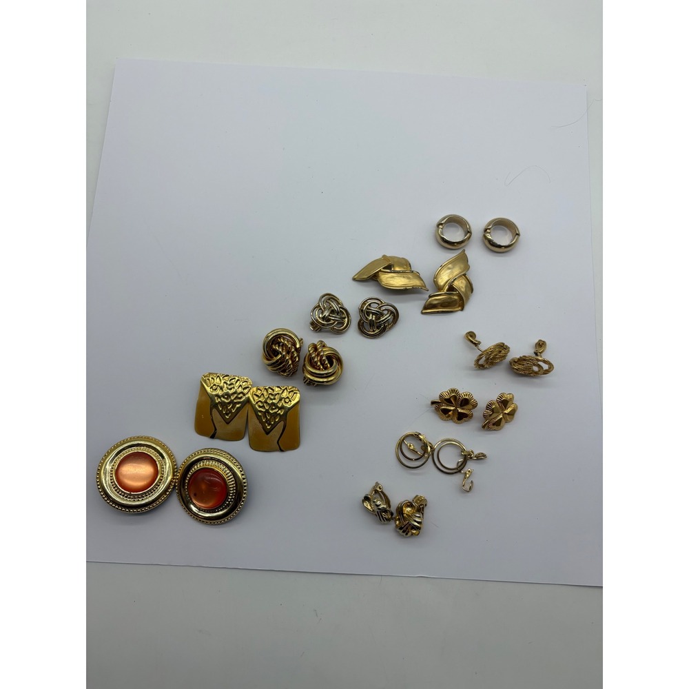 Vintage Gold Tone Clip On Earrings Lot 10 Pairs Unsigned Knots Clovers Hoops J31